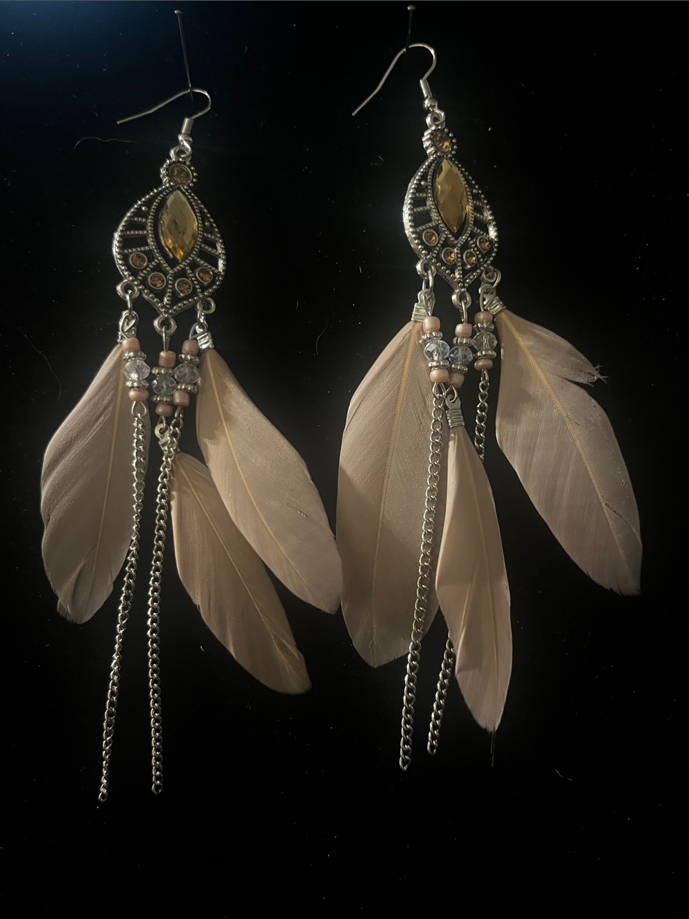 Beige Feather Drop Earrings with Silver Accents